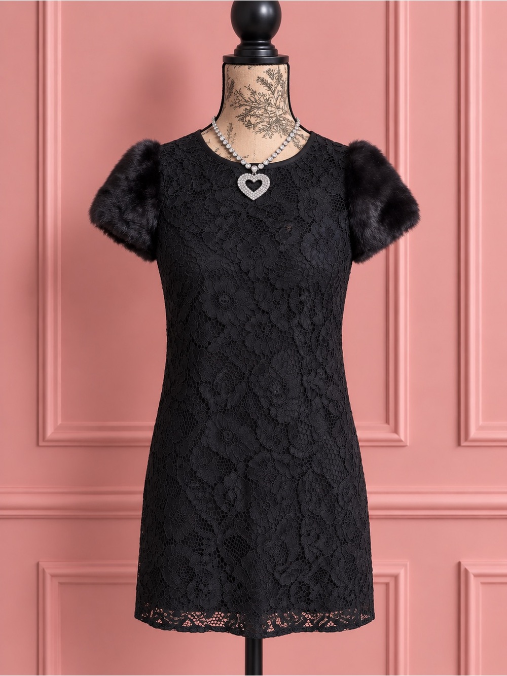 Y2K Black Lace Mini Dress with Faux Fur Sleeves Size S